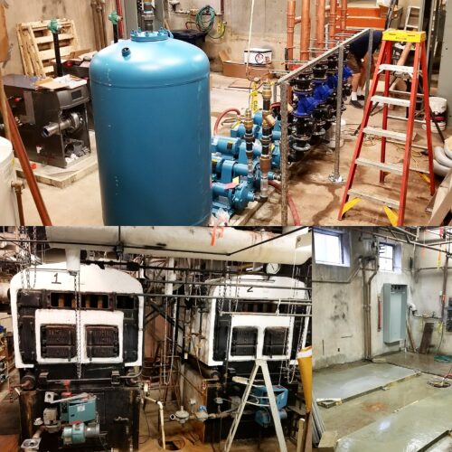 Before and After images showing a hydronic conversion from steam in lower image, retrofitted to a complete high-efficiency boiler with Mepco pumps and a building management system in the upper image.